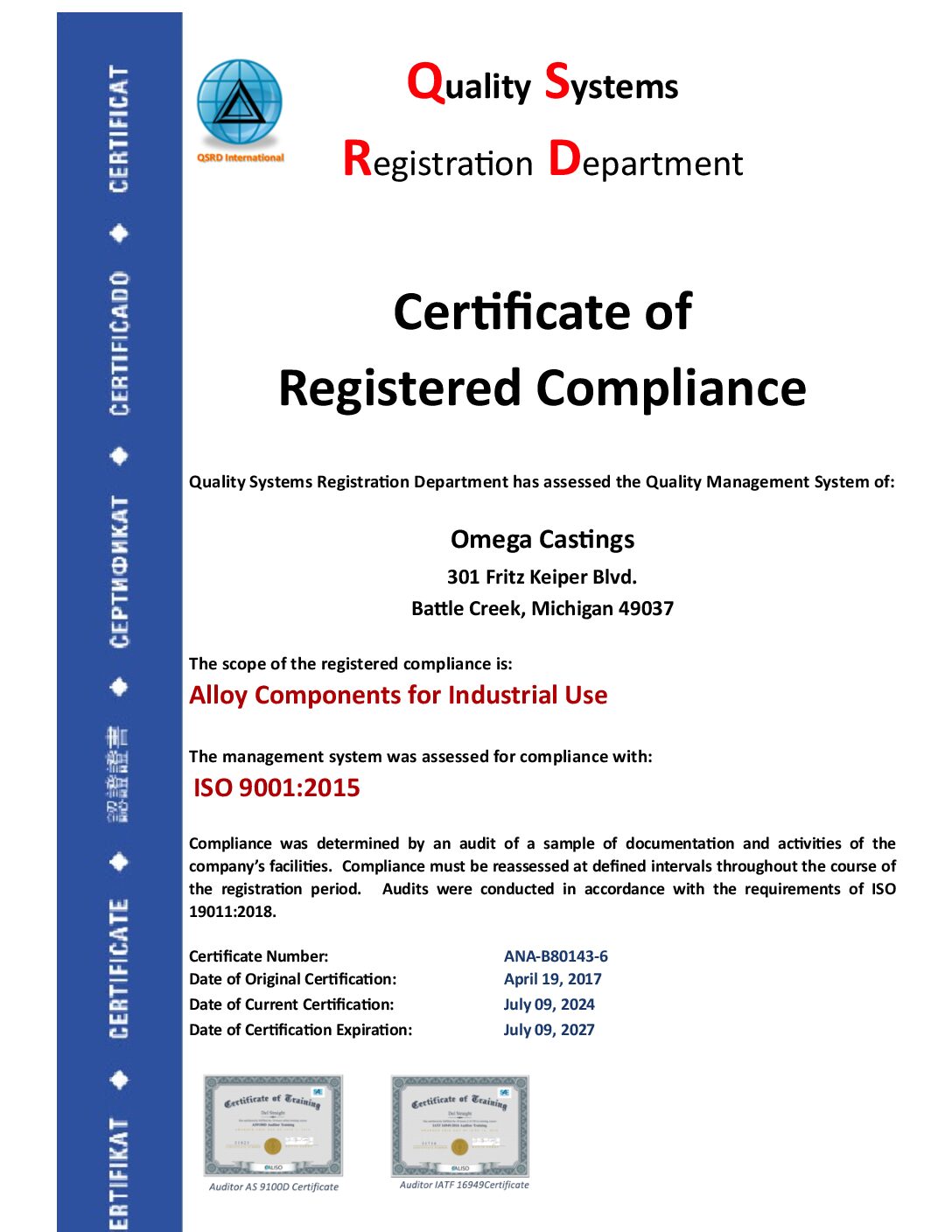 Omega Certificate of Compliance 2024-2027